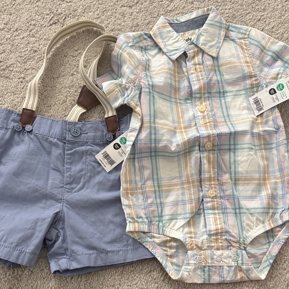 NEW Baby B gosh Onesie with Blue Shorts and Suspenders
